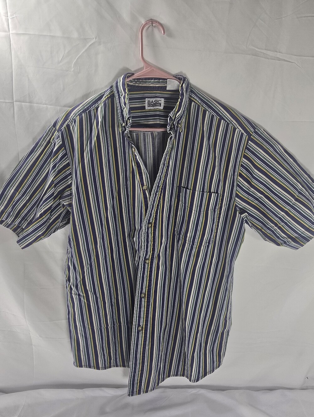Vintage Basic Editions Mens Medium Striped Button Front Shirt Blue Green Yellow